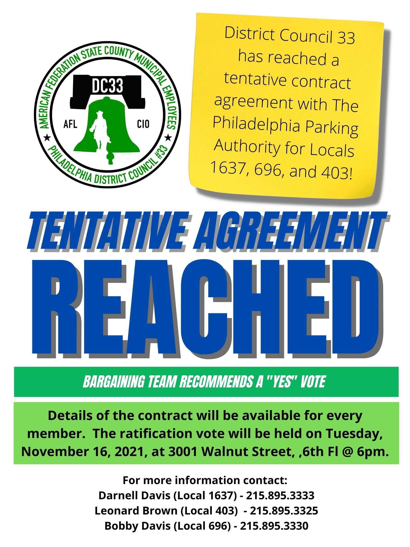 DC33 Locals 1637, 696, 403 Tentative Agreement District Council 33